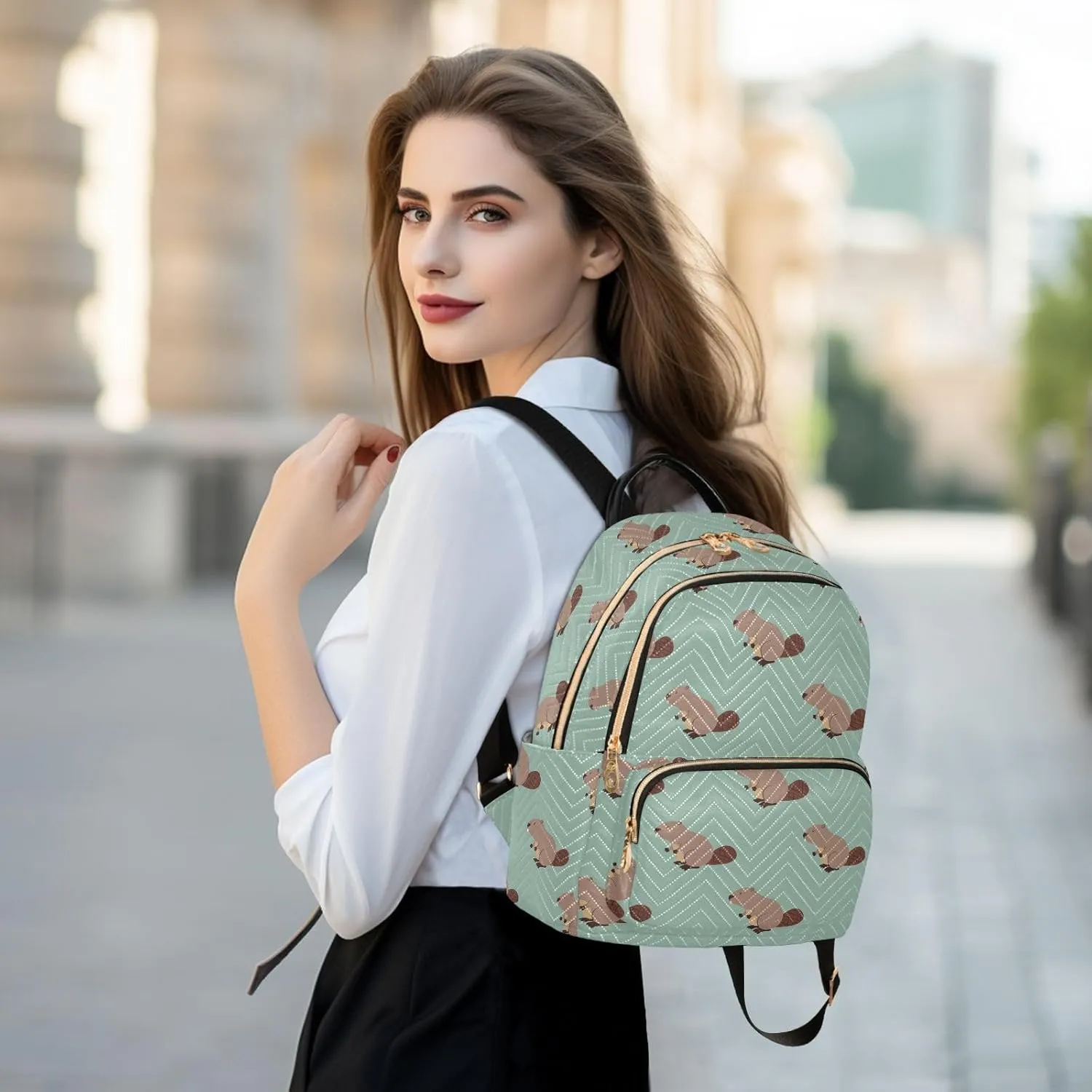 VIGTRO Women Fashion Backpack Quilted Mini Purse Cute Beaver Animals Pattern, Lightweight Travel Casual Shoulder Backpack with Adjustable Straps Size S