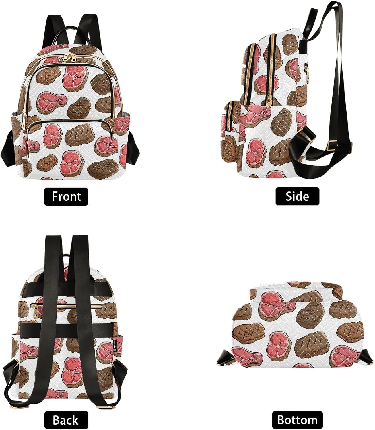 VIGTRO Women Fashion Backpack Quilted Mini Purse Delicious Beef Fork Steak, Lightweight Travel Casual Shoulder Backpack with Adjustable Straps Size S