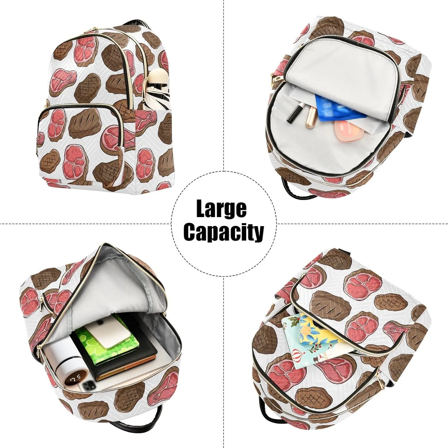 VIGTRO Women Fashion Backpack Quilted Mini Purse Delicious Beef Fork Steak, Lightweight Travel Casual Shoulder Backpack with Adjustable Straps Size S
