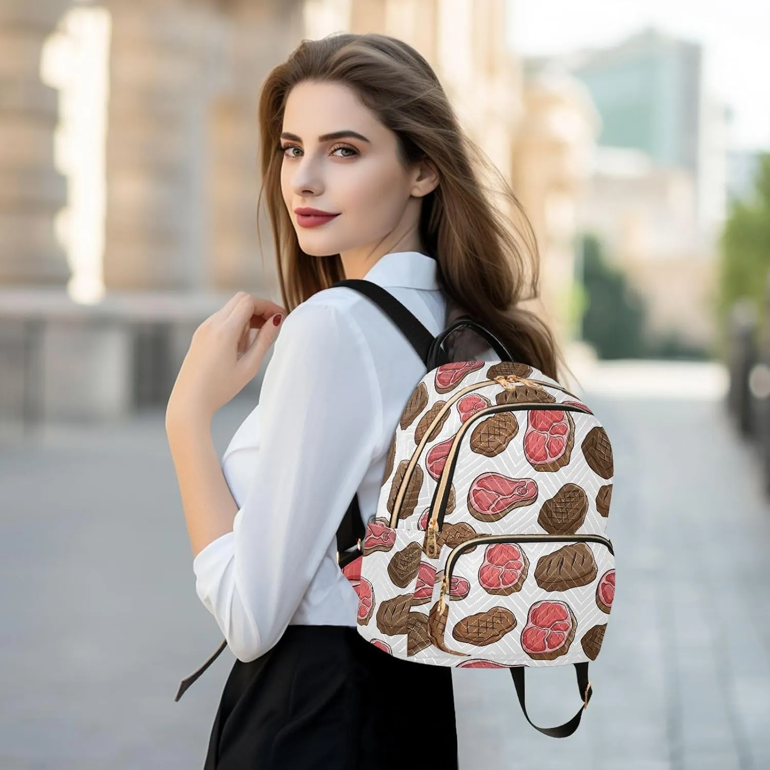 VIGTRO Women Fashion Backpack Quilted Mini Purse Delicious Beef Fork Steak, Lightweight Travel Casual Shoulder Backpack with Adjustable Straps Size S