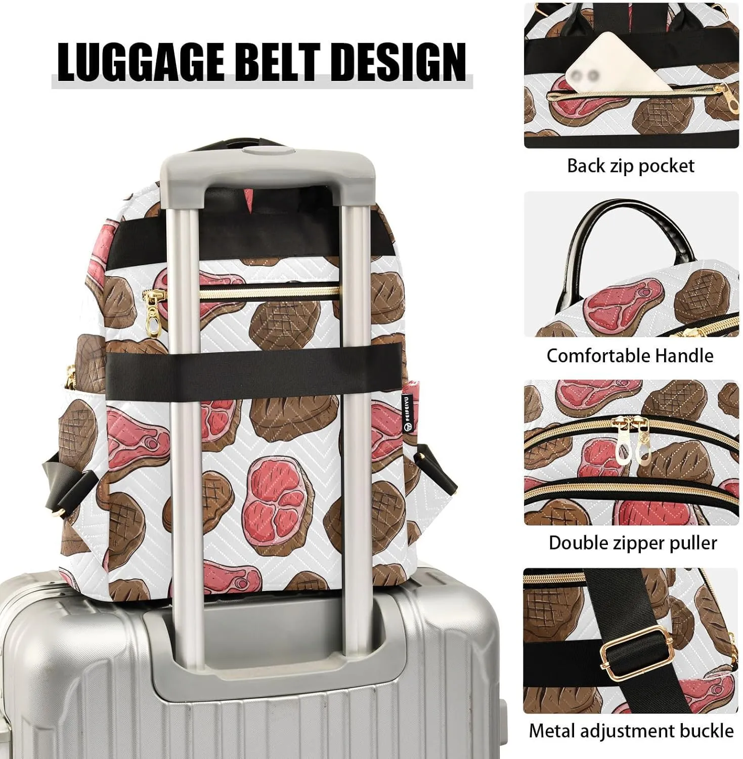 VIGTRO Women Fashion Backpack Quilted Mini Purse Delicious Beef Fork Steak, Lightweight Travel Casual Shoulder Backpack with Adjustable Straps Size S
