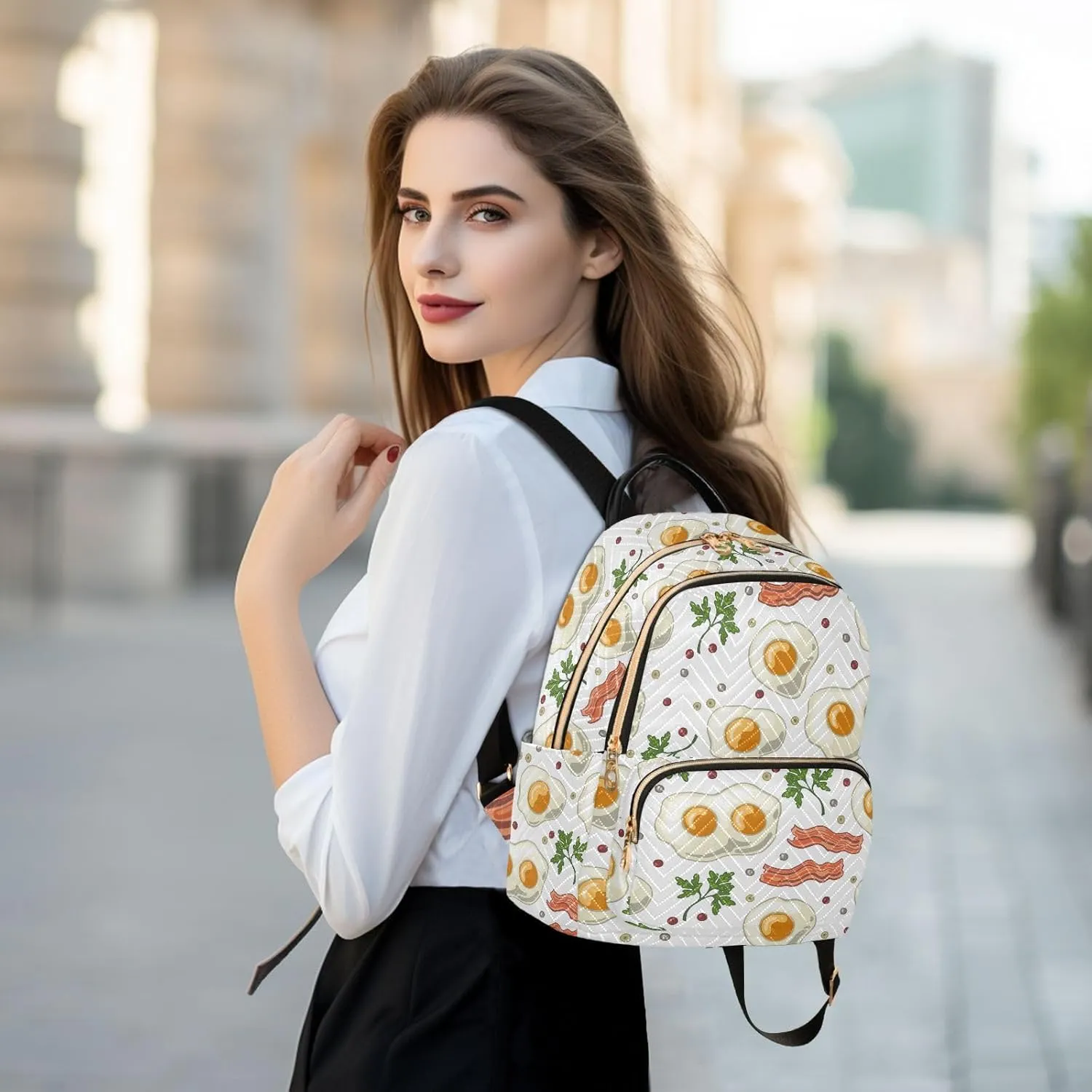 VIGTRO Women Fashion Backpack Quilted Mini Purse Eggs with Fried Bacon Pepper, Lightweight Travel Casual Shoulder Backpack with Adjustable Straps Size M