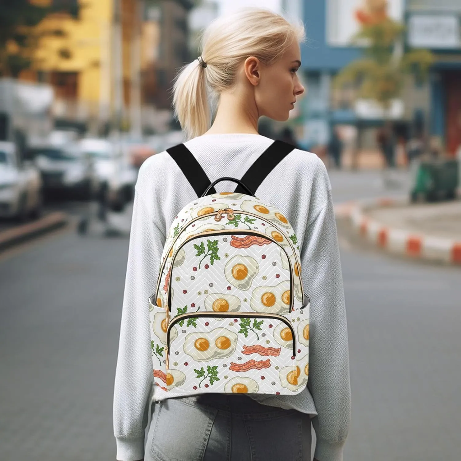 VIGTRO Women Fashion Backpack Quilted Mini Purse Eggs with Fried Bacon Pepper, Lightweight Travel Casual Shoulder Backpack with Adjustable Straps Size M
