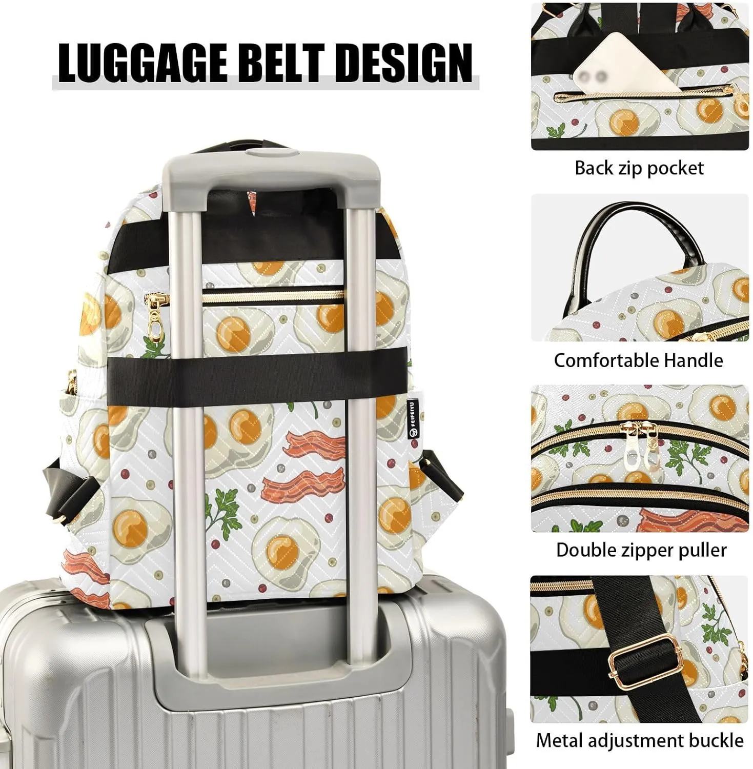 VIGTRO Women Fashion Backpack Quilted Mini Purse Eggs with Fried Bacon Pepper, Lightweight Travel Casual Shoulder Backpack with Adjustable Straps Size M