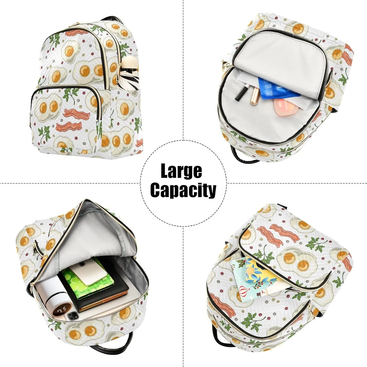 VIGTRO Women Fashion Backpack Quilted Mini Purse Eggs with Fried Bacon Pepper, Lightweight Travel Casual Shoulder Backpack with Adjustable Straps Size M