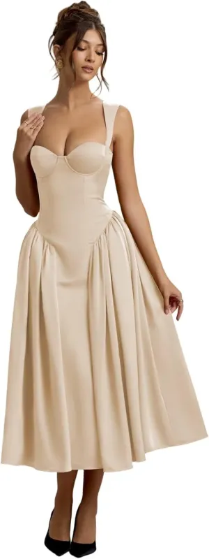 Vintage Corset Bridesmaid Dressses for Women 2025 Satin Long Sweetheart Drop Waist Midi Dress for Party Gowns RO289