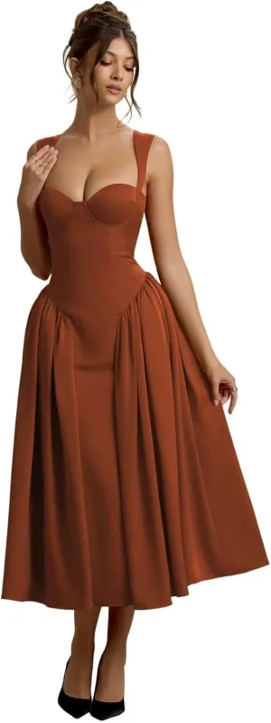 Vintage Corset Bridesmaid Dressses for Women 2025 Satin Long Sweetheart Drop Waist Midi Dress for Party Gowns RO289