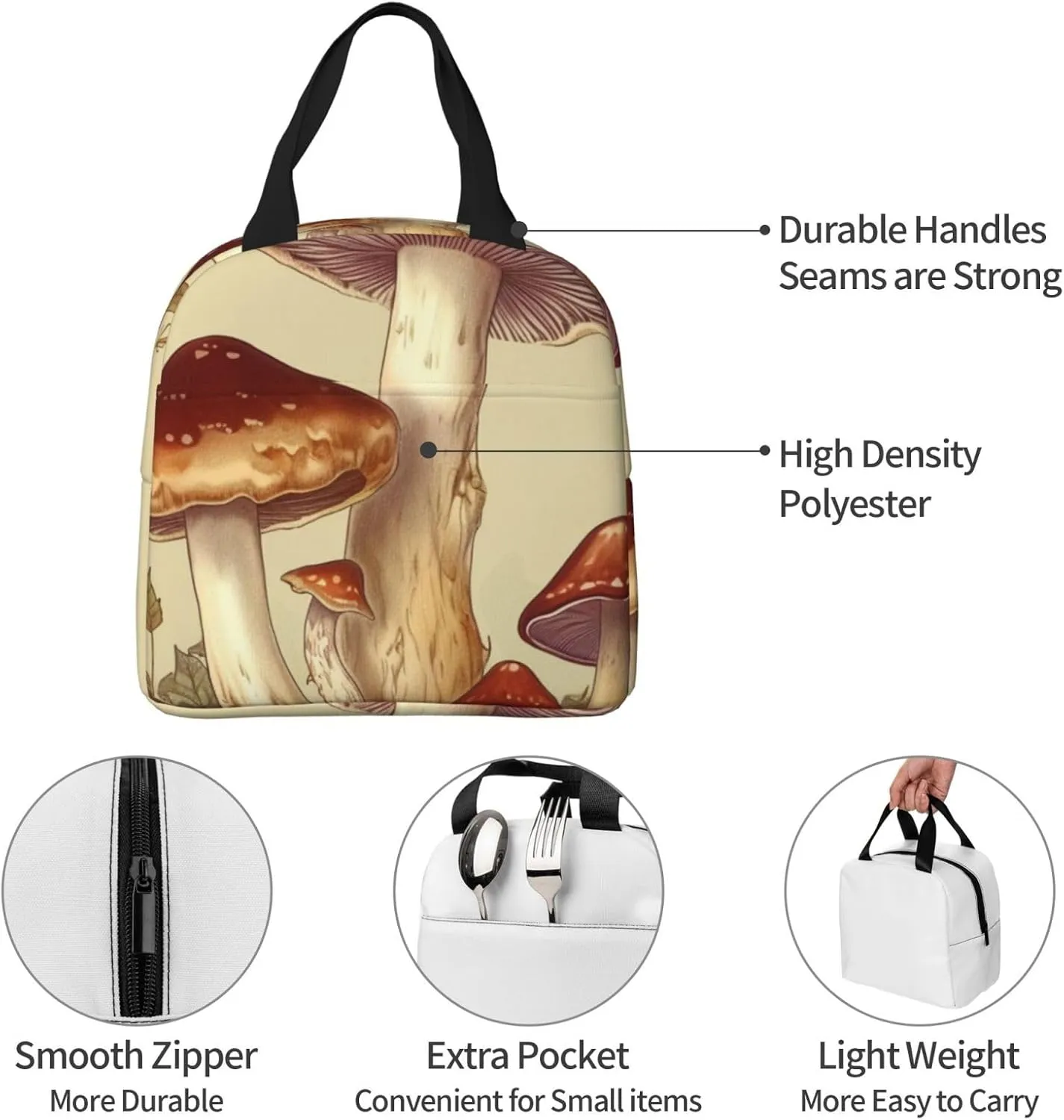 Vintage Edible Mushrooms print Tote Lunch Bag Handheld Aluminum Foil Thickened Insulated Bento Bag