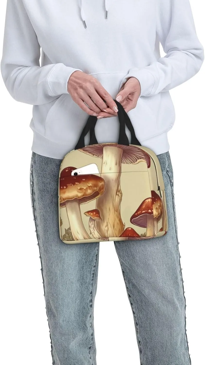 Vintage Edible Mushrooms print Tote Lunch Bag Handheld Aluminum Foil Thickened Insulated Bento Bag