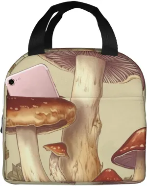 Vintage Edible Mushrooms print Tote Lunch Bag Handheld Aluminum Foil Thickened Insulated Bento Bag