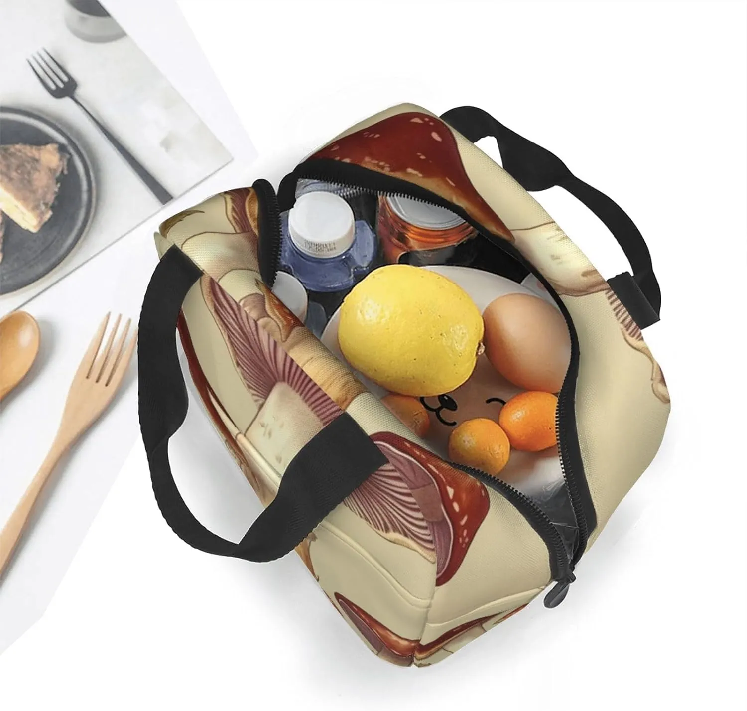 Vintage Edible Mushrooms print Tote Lunch Bag Handheld Aluminum Foil Thickened Insulated Bento Bag