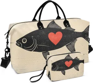 Vintage Fish Heart Duffel Bag for Travel Gym Sport, Weekender Travel Bags Carry on Overnight Bag