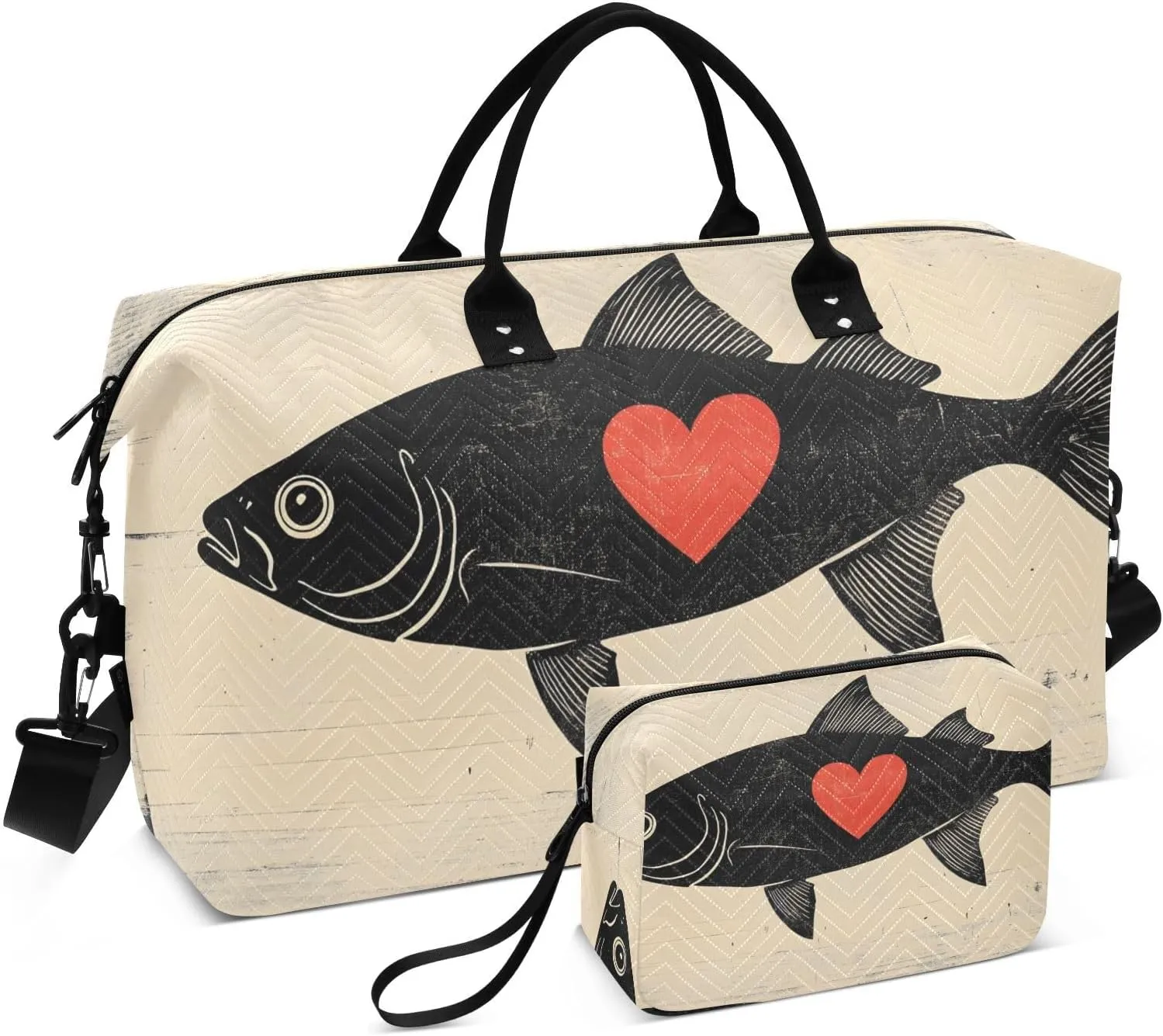 Vintage Fish Heart Duffel Bag for Travel Gym Sport, Weekender Travel Bags Carry on Overnight Bag