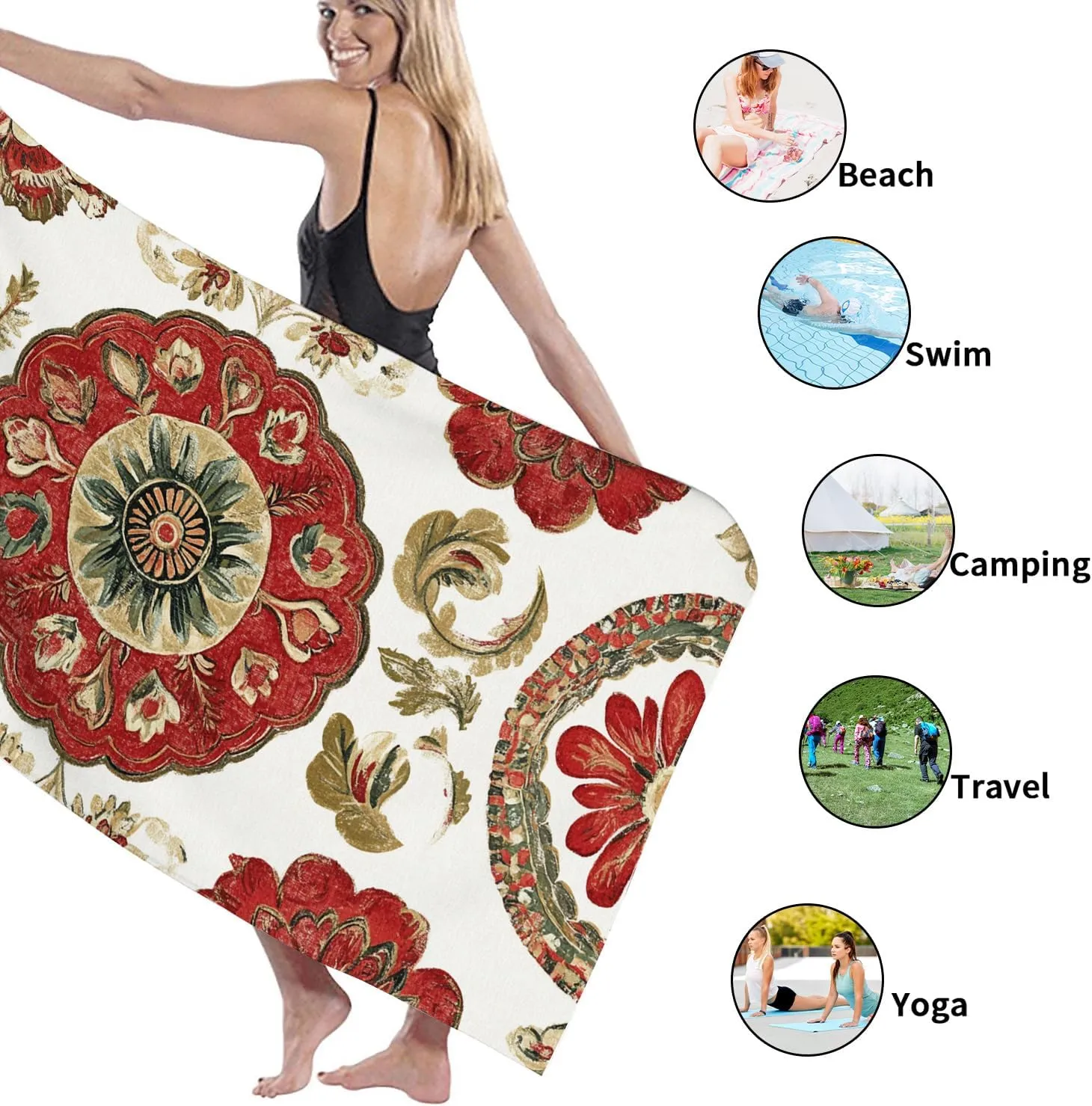 Vintage Floral Microfiber Beach Towel Red Garden Blossoms Quick Dry Absorbent Sand Free Lightweight Beach Blanket, Pool Picnic Essentials 70x35 Inch