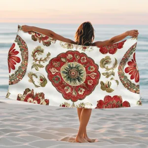Vintage Floral Microfiber Beach Towel Red Garden Blossoms Quick Dry Absorbent Sand Free Lightweight Beach Blanket, Pool Picnic Essentials 70x35 Inch