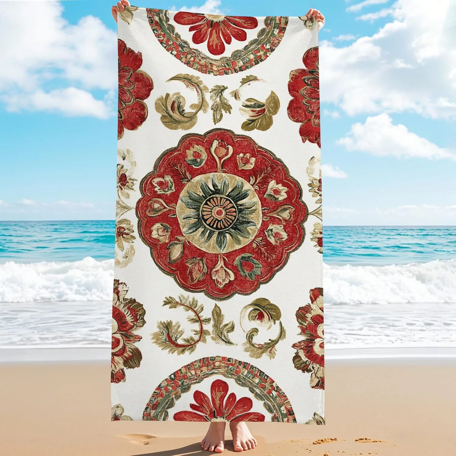 Vintage Floral Microfiber Beach Towel Red Garden Blossoms Quick Dry Absorbent Sand Free Lightweight Beach Blanket, Pool Picnic Essentials 70x35 Inch