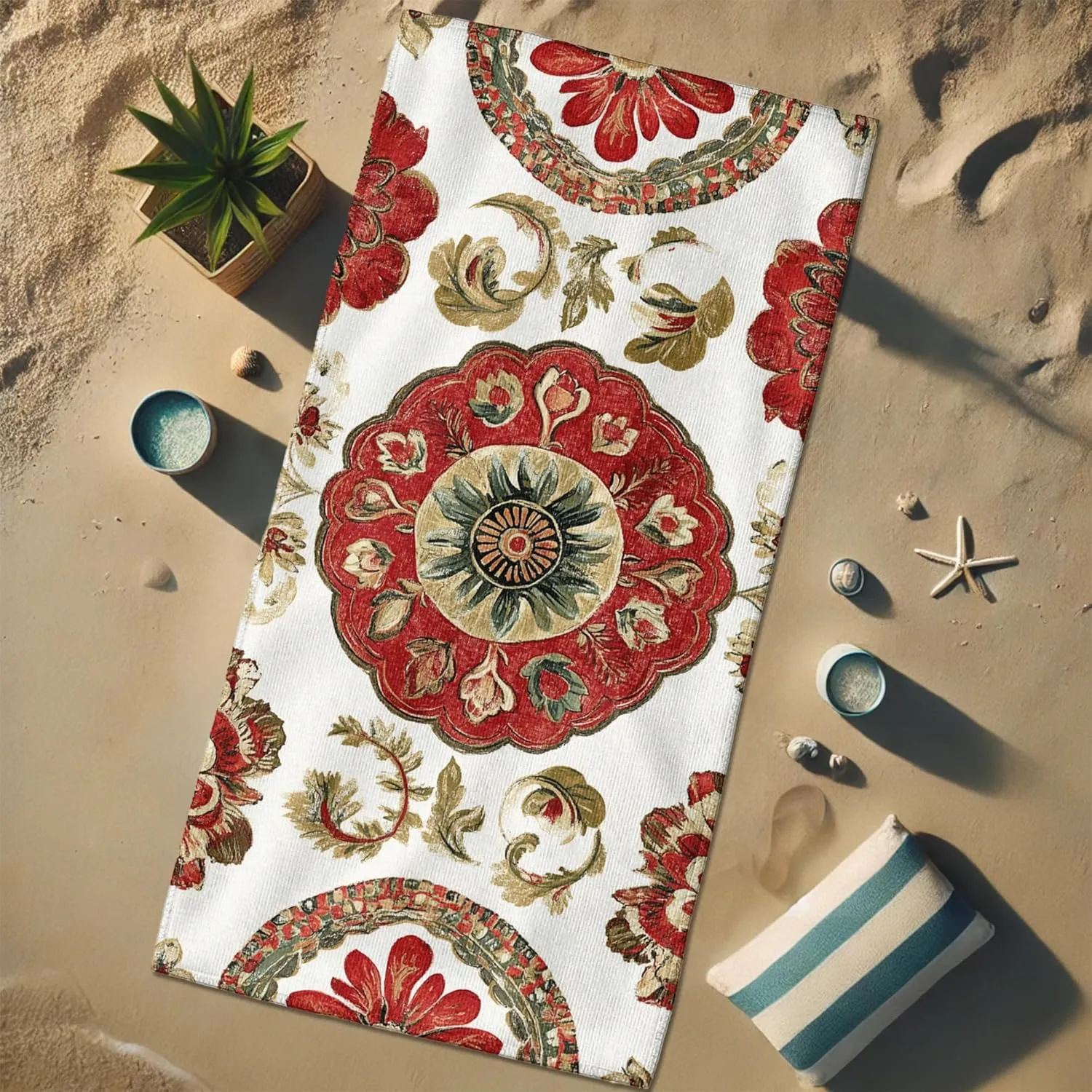 Vintage Floral Microfiber Beach Towel Red Garden Blossoms Quick Dry Absorbent Sand Free Lightweight Beach Blanket, Pool Picnic Essentials 70x35 Inch