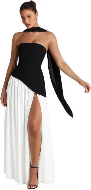 Vintage Scarf Bridesmaid Dresses for Women 2025 Satin Long Strapless Drop Waist Maxi Prom Dress RO308