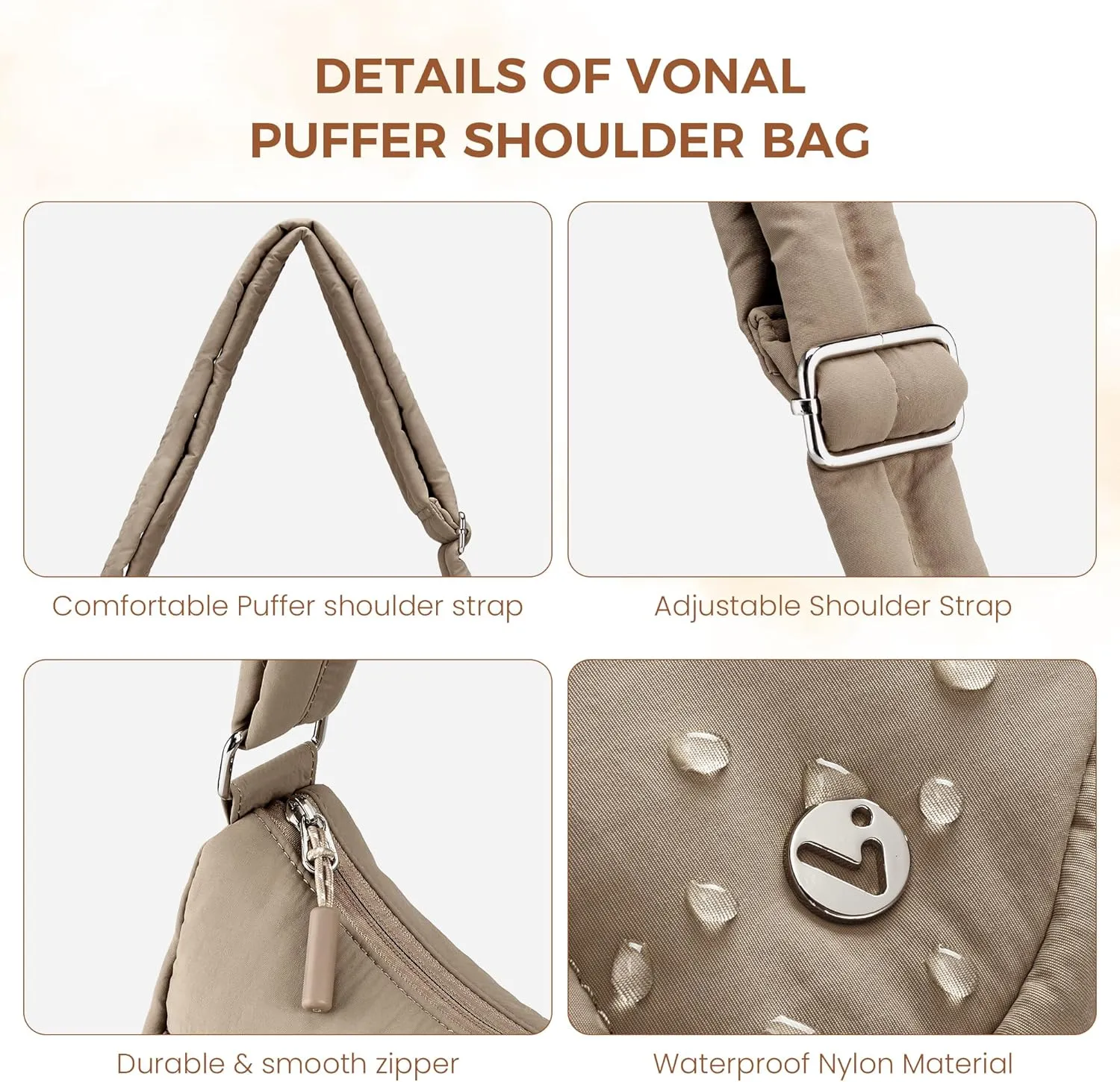 VONAL Puffer Crescent Crossbody Bag for Women Lightweight Nylon Quilted Waterproof Shoulder Purses with Adjustable Strap
