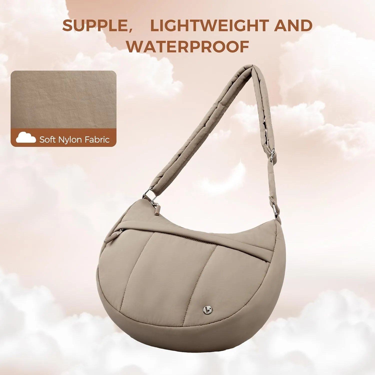 VONAL Puffer Crescent Crossbody Bag for Women Lightweight Nylon Quilted Waterproof Shoulder Purses with Adjustable Strap