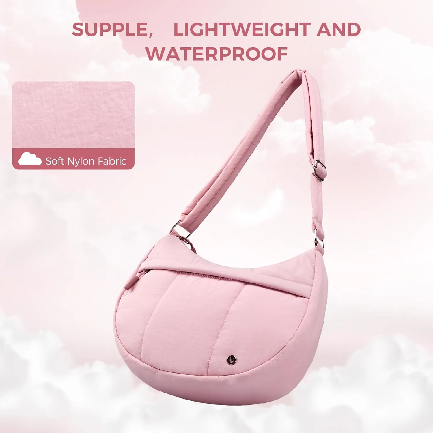 VONAL Puffer Crescent Crossbody Bag for Women Lightweight Nylon Quilted Waterproof Shoulder Purses with Adjustable Strap