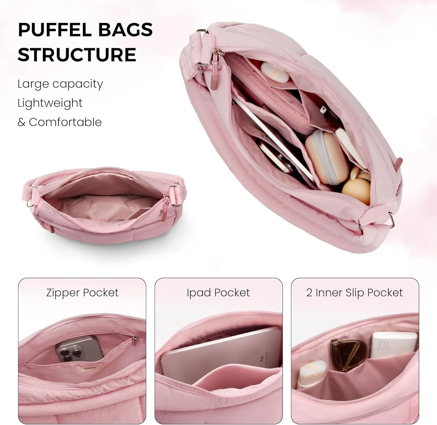 VONAL Puffer Crescent Crossbody Bag for Women Lightweight Nylon Quilted Waterproof Shoulder Purses with Adjustable Strap