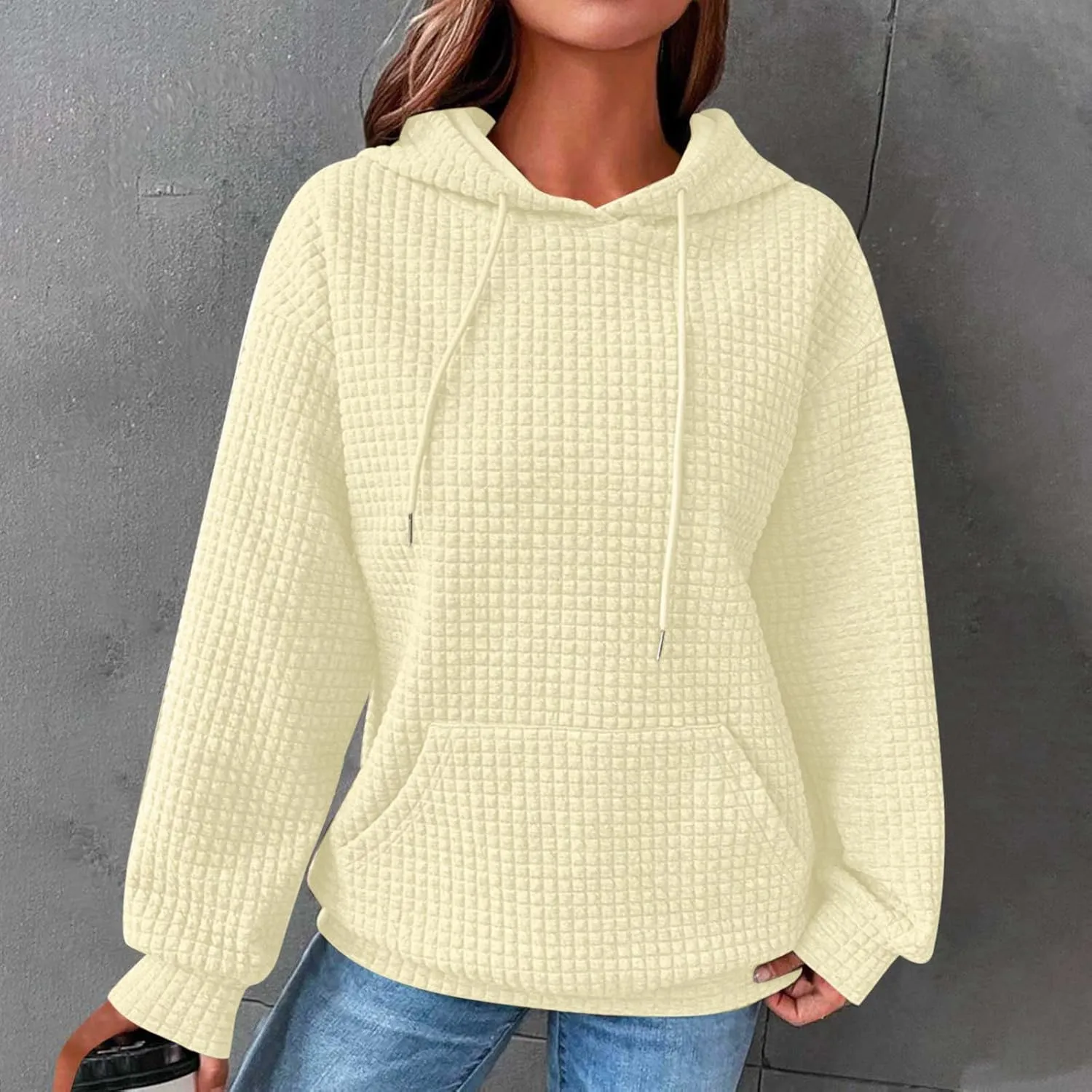 Waffle Hooded Sweatshirts for Women Long Sleeve Fall Hoodies Womens Plain Pullover Sweatshirt Trendy 2024