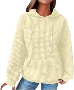 Waffle Hooded Sweatshirts for Women Long Sleeve Fall Hoodies Womens Plain Pullover Sweatshirt Trendy 2024