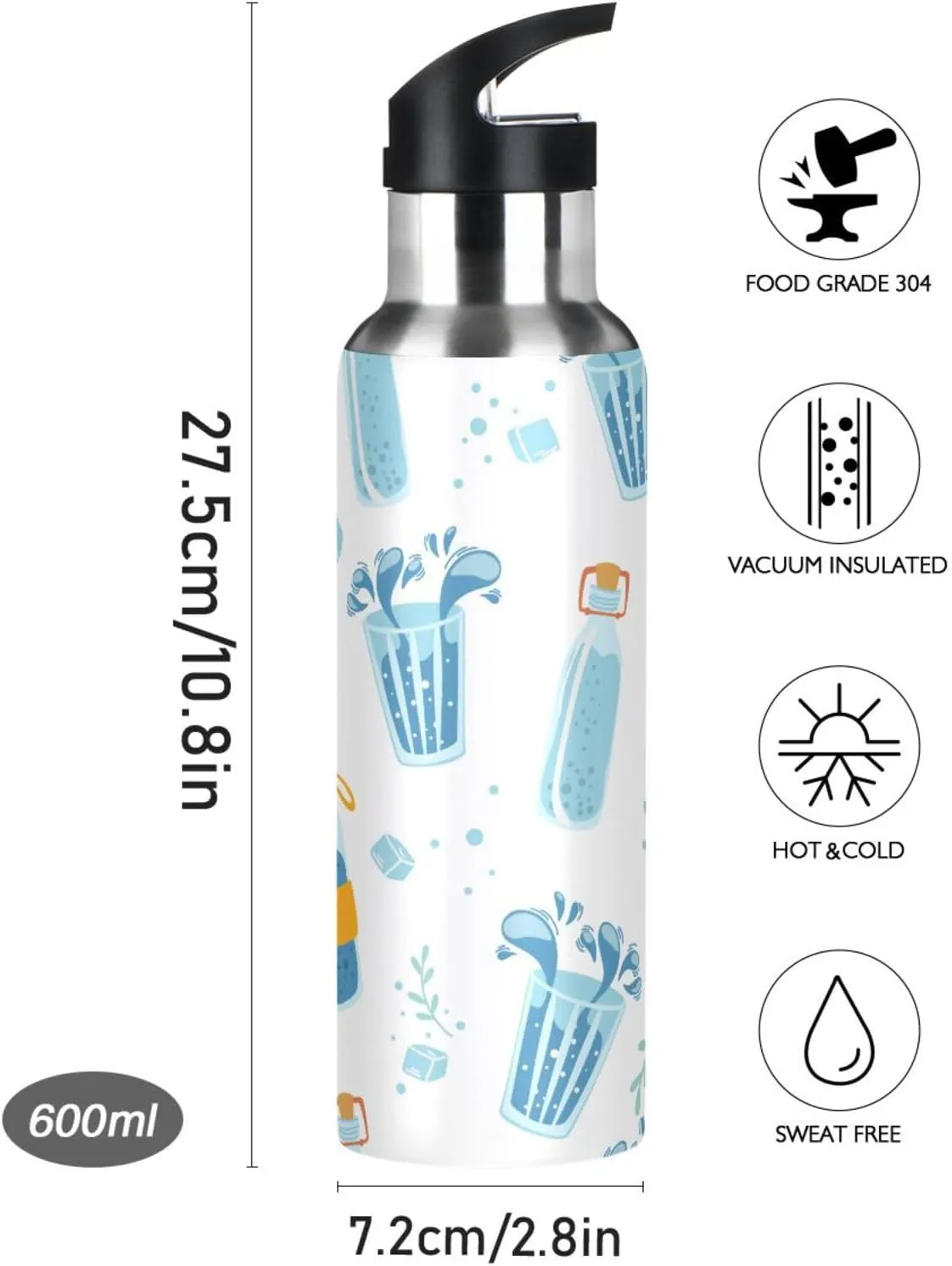 Water Bottles Containers Water Bottle with Straw Lid, BPA Free Leakproof Vacuum Insulated Stainless Steel, 20 Oz Hot Cold Thermal Flask Drinking Bottle for Gym Fitness Outdoor Sport