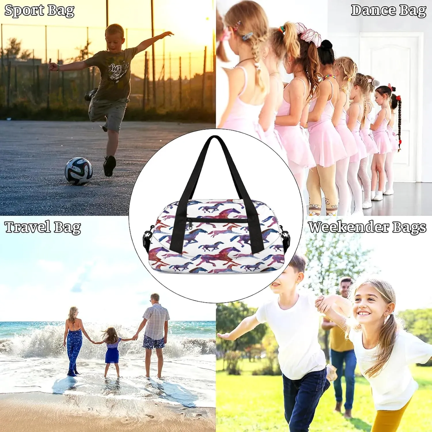 Watercolor Horse Kids Duffel Bag Lightweight Waterproof Sports Gym Bag with Front Zipper Pocket Foldable Weekender Overnight Bag for School Practice Gymnastic Ballet