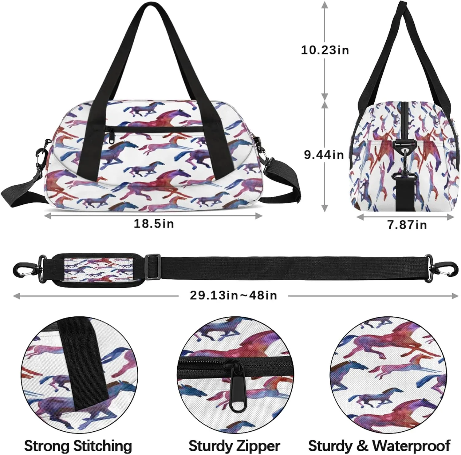 Watercolor Horse Kids Duffel Bag Lightweight Waterproof Sports Gym Bag with Front Zipper Pocket Foldable Weekender Overnight Bag for School Practice Gymnastic Ballet