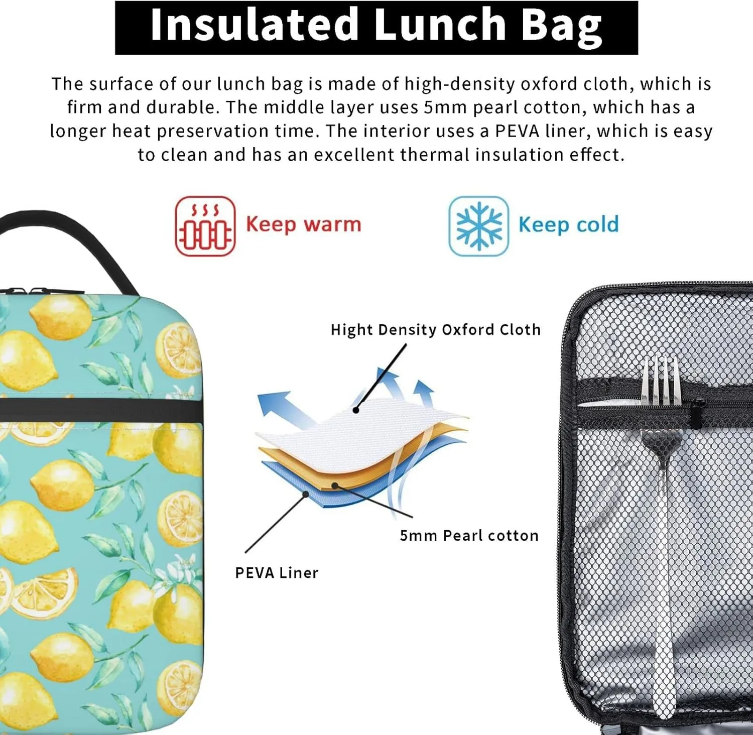 Watercolor Lemons Lunch Bag Insulated Portable Reusable Lunch Box With Zipper For Picnic Work Office Travel School