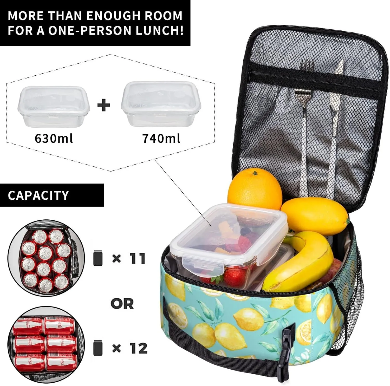 Watercolor Lemons Lunch Bag Insulated Portable Reusable Lunch Box With Zipper For Picnic Work Office Travel School