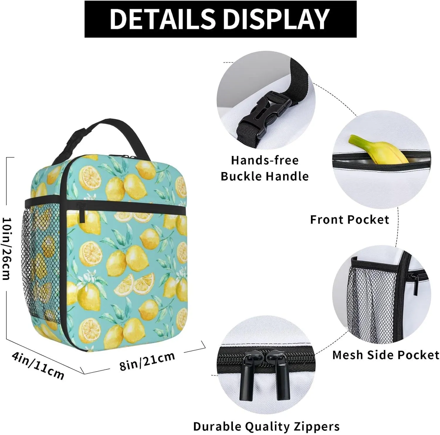 Watercolor Lemons Lunch Bag Insulated Portable Reusable Lunch Box With Zipper For Picnic Work Office Travel School