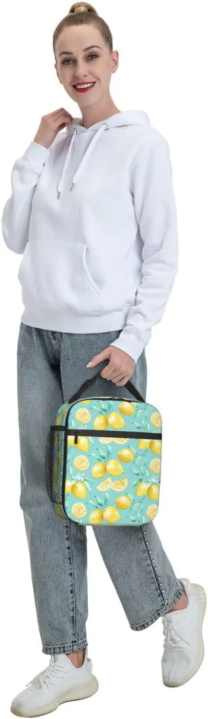 Watercolor Lemons Lunch Bag Insulated Portable Reusable Lunch Box With Zipper For Picnic Work Office Travel School