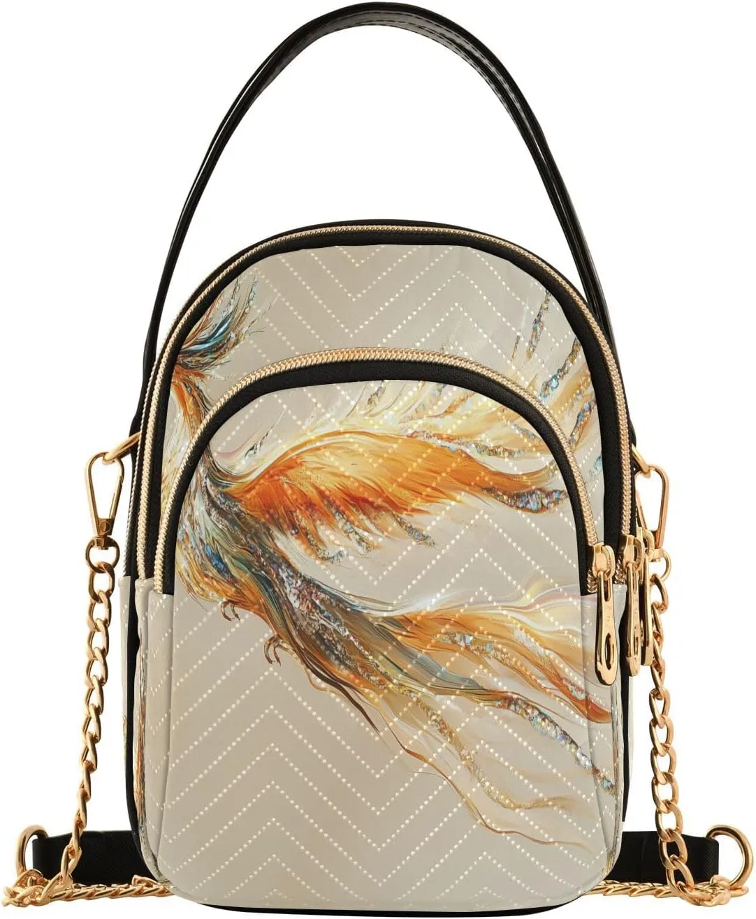 Watercolor Phoenix Print Women Trendy Quilted Crossbody Bag Sling Bags Handbags with Chain Strap Travel Cross Body Cell Phone Purses Bags