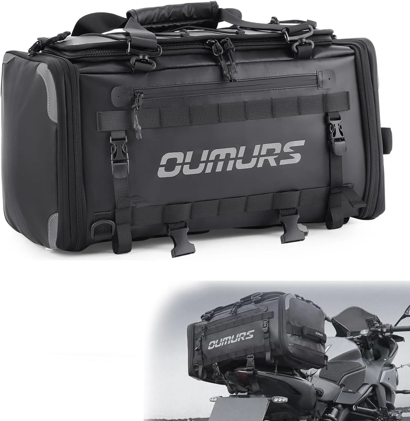 Waterproof Motorcycle tail Bag With Rain Cover,45-60L Expandable Large Capacity Motorcycle Luggage Bag Dual Use Backpack & Tail Bag Reflective All Weather/Trunk/Rack Bag with Sissy Bar Straps