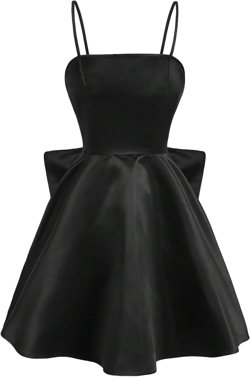 WDIRARA Women's Satin Bow Homecoming Dresses Spaghetti Strap Wedding Guest Gown Summer Mini Dress