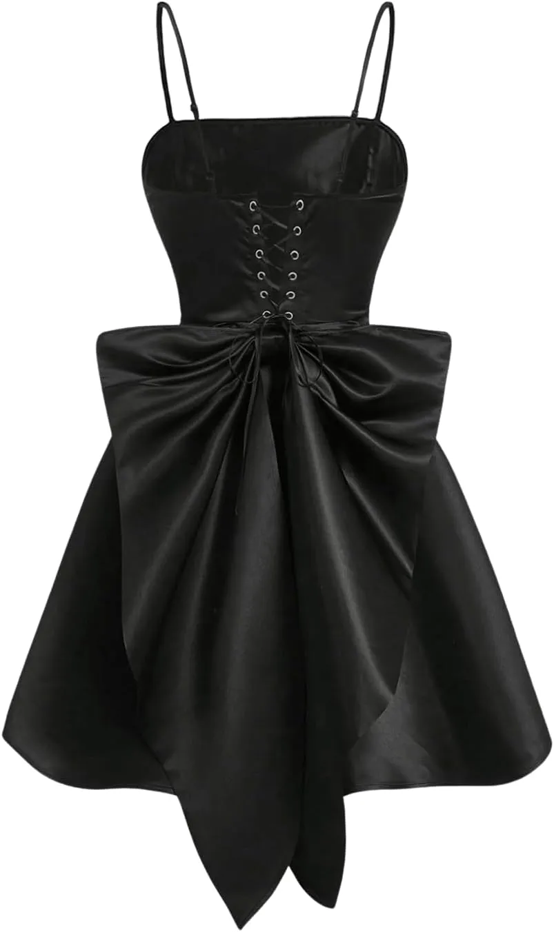 WDIRARA Women's Satin Bow Homecoming Dresses Spaghetti Strap Wedding Guest Gown Summer Mini Dress