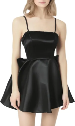 WDIRARA Women's Satin Bow Homecoming Dresses Spaghetti Strap Wedding Guest Gown Summer Mini Dress