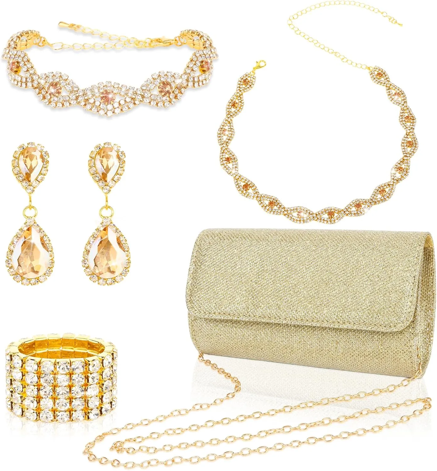 Wecoe 5pcs/set Jewelry Purse Set For Women Clutch Handbags Rhinestone Diamond Earrings Necklaces Bracelets Ring Set Wedding Bridal Homecoming Prom Costume Jewelry Formal Evening Bag Accessories