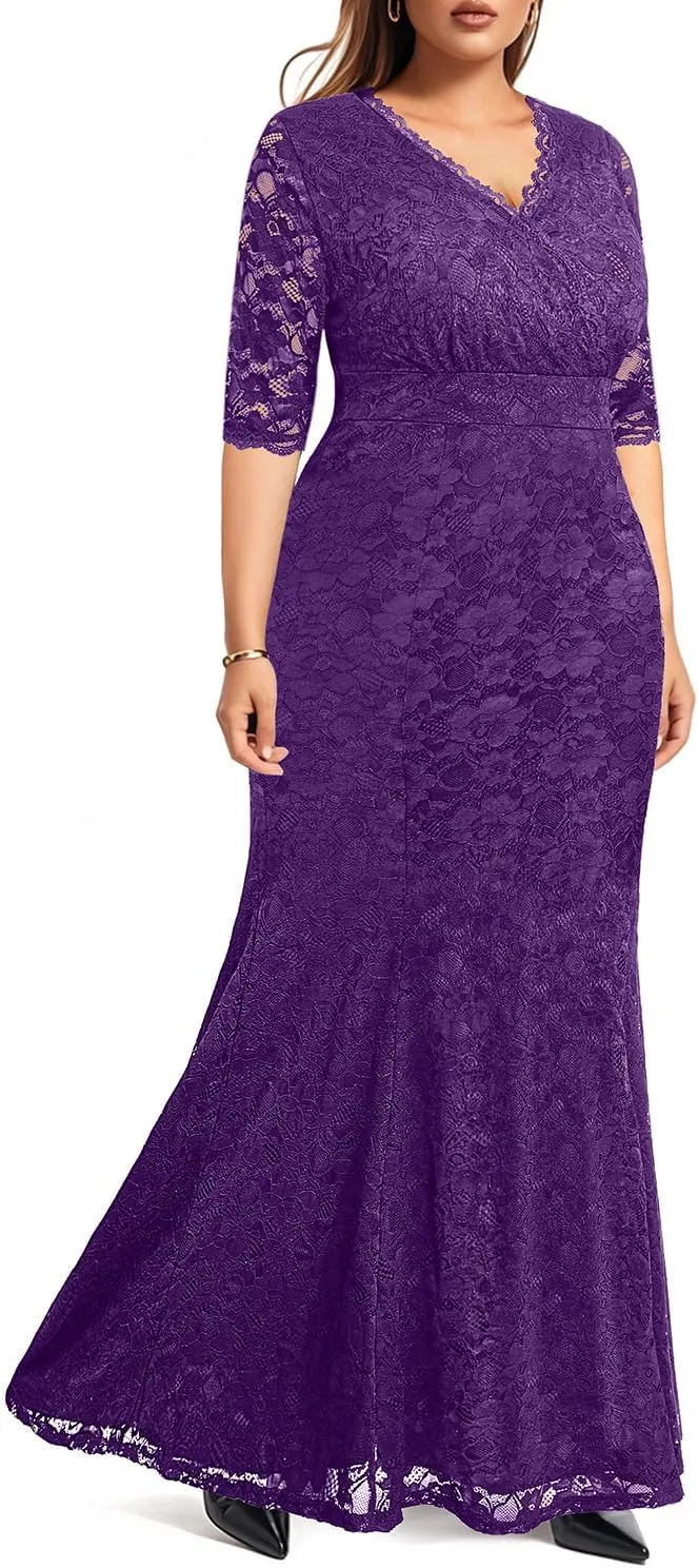 Wedding Dresses for Bride Plus Size - Mermaid Formal Evening Gown Wrap Neck Lace Dress