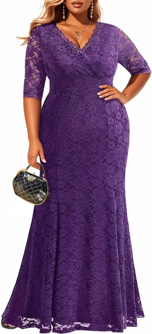 Wedding Dresses for Bride Plus Size - Mermaid Formal Evening Gown Wrap Neck Lace Dress