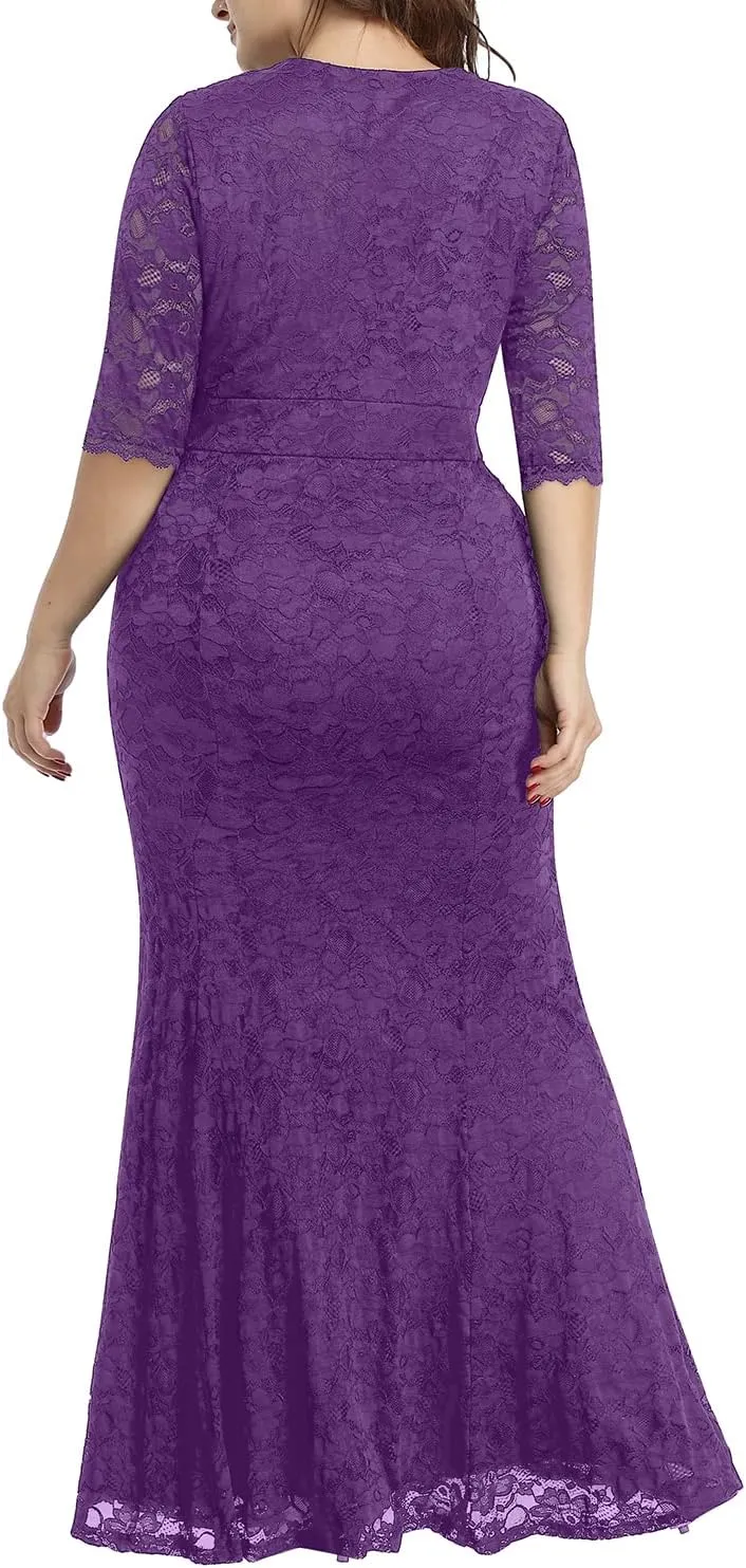 Wedding Dresses for Bride Plus Size - Mermaid Formal Evening Gown Wrap Neck Lace Dress