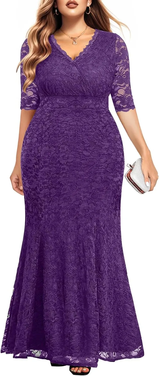 Wedding Dresses for Bride Plus Size - Mermaid Formal Evening Gown Wrap Neck Lace Dress