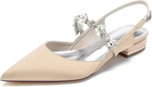 Wedding Flats Shoes for Bride Pointed Toe Satin Crystals Wedding Shoes Dress Flats Slingback for Women