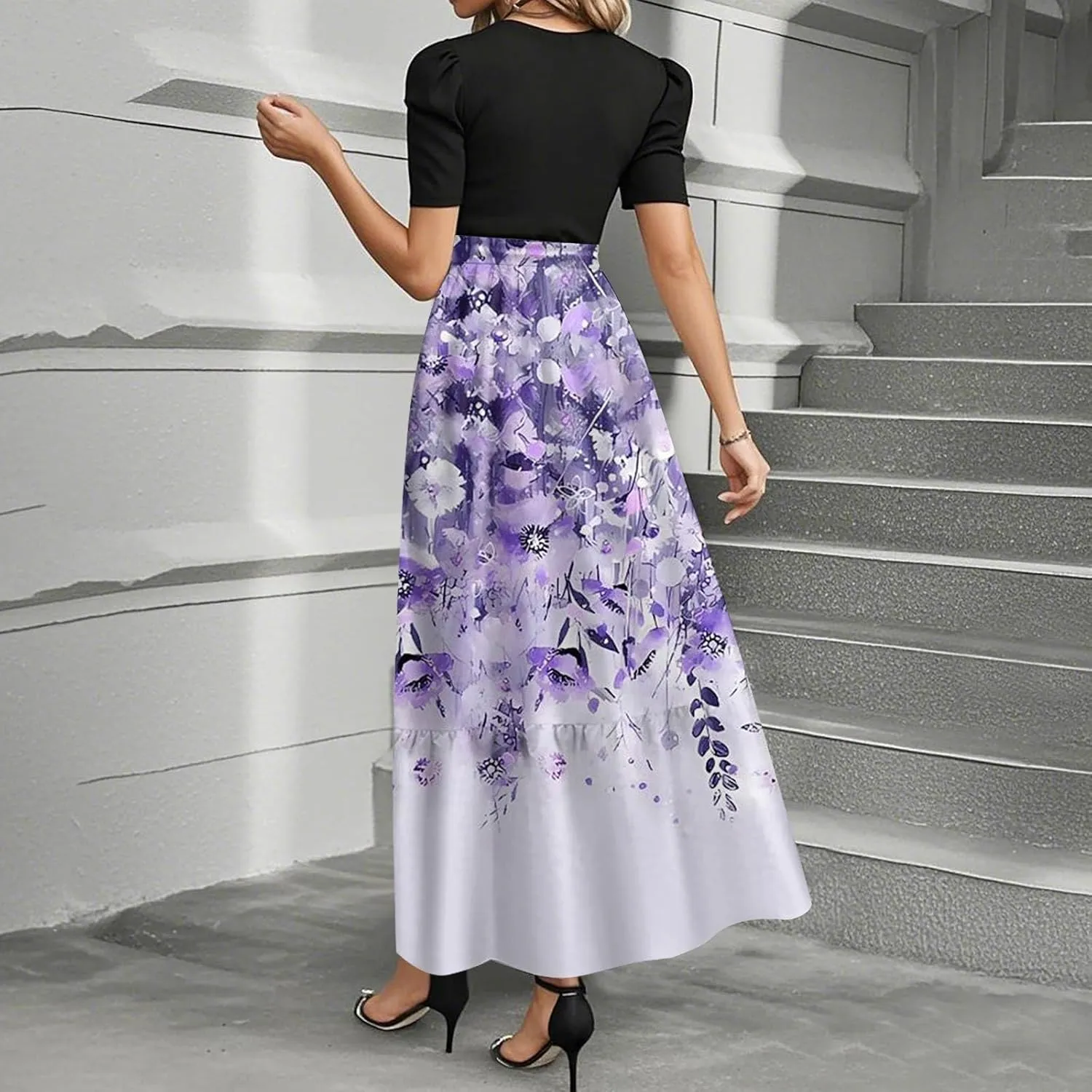 Wedding Guest Dresses for Women Summer Floral Patchwork Short Sleeve Tie Waist Long Flowy Elegant Dress,S-2XL