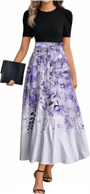 Wedding Guest Dresses for Women Summer Floral Patchwork Short Sleeve Tie Waist Long Flowy Elegant Dress,S-2XL