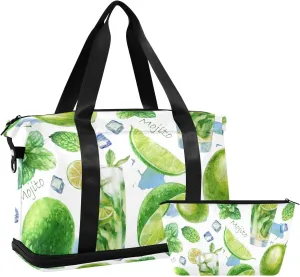 Weekender Bag Set Lime Mojito Cocktail Pattern Sport Travel Duffel Bag Large Tote Bag with Shoe Compartment