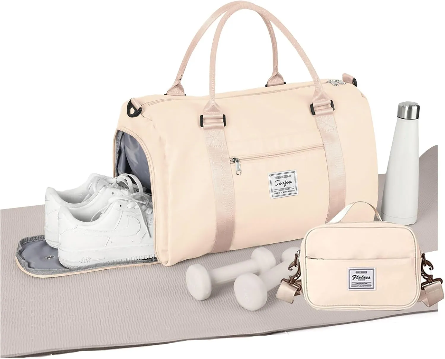 Weekender Gym Duffel for Women Off White With Toiletry Bag, Travel Tote for Airplane, Cute Sports Dance Overnight Luggage With Wet Pocket Shoe Compartment, Carry On Hospital Bag
